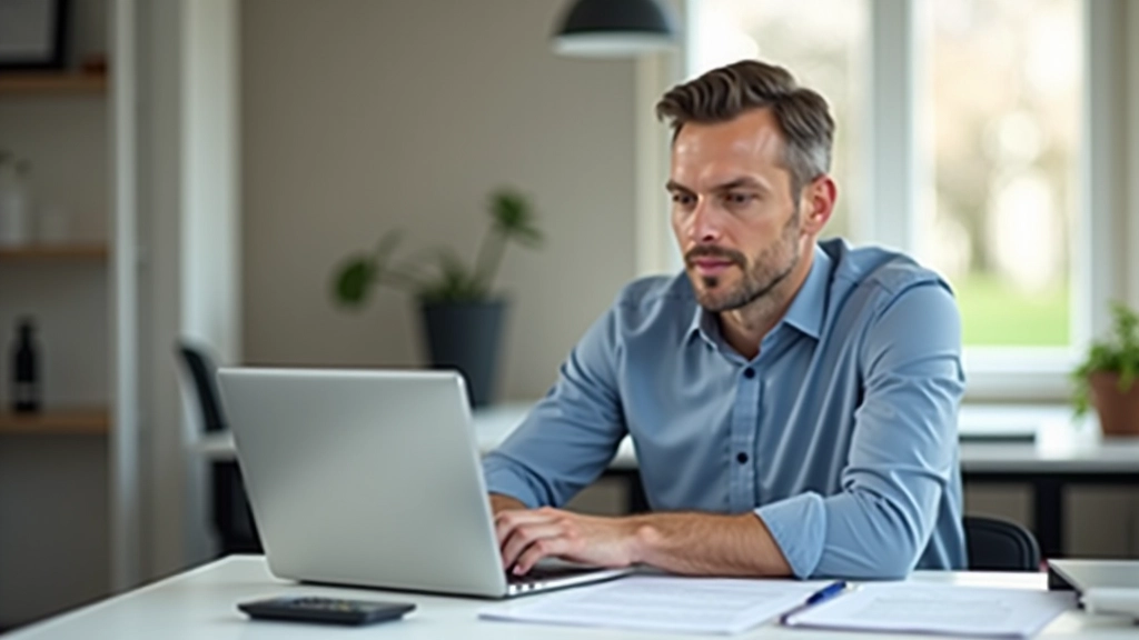 Homme adulte travaillant sur un ordinateur portable avec des documents fiscaux, feuilles d'imposition et calculatrice sur un bureau de travail