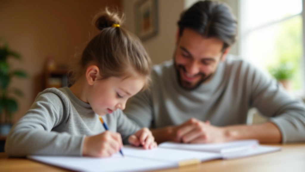 Parent aidant un enfant avec ses devoirs à la maison, environnement familial chaleureux