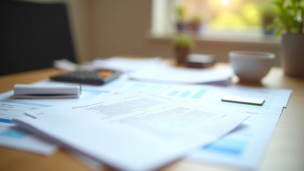Documents fiscaux, calculatrice et stylo sur un bureau en bois clair avec une tasse de café à côté