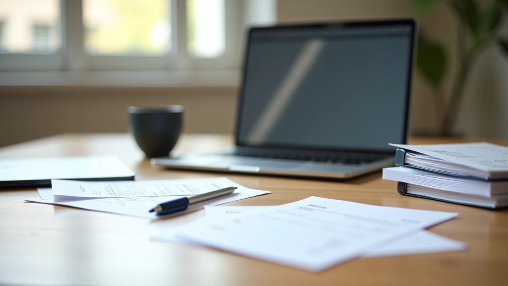 Espace de travail avec ordinateur portable, factures, et dossiers d'organisation pour suivi comptable